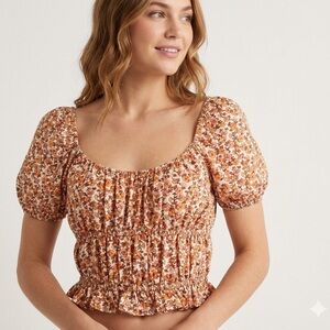 BOG COLLECTIVE floral Puff Sleeves CROP TOP MEDIUM Bohemian Cottagecore WOMENS